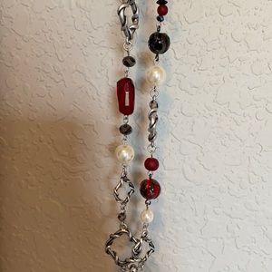 Long silver, red, black and pearl necklace